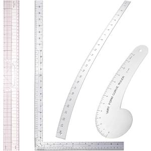 Xuhal 4 Pcs Fashion Sewing Ruler with French Curves Aluminum Designers Ruler Kit Includes Curve, Hip, L Square and Plastic Grading for Design Crafts Sewing