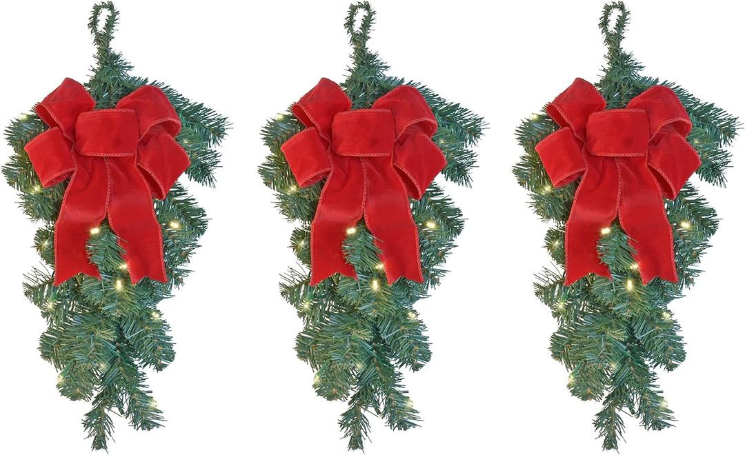 Set of 3 Pre-Lit Artificial Pine Christmas Teardrop Swags with Wired Red Bows, Battery Operated with Timers, 20 Inches High