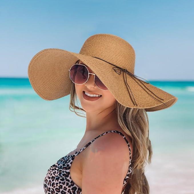 BUDUBIBI Straw Hat for Women, Wide Brim Foldable Packable Sun Hat Bow Tie Summer Beach Outdoor Cap(57cm, Khaki)