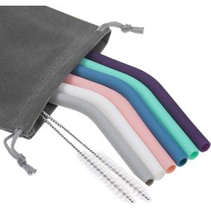 Senneny Set of 6 Silicone Drinking Straws for 30oz and 20oz - Reusable Silicone Straws BPA Free Extra Long with Cleaning Brushes- 6 Bent- 6mm diameter (Blue, Gray, White, Pink, Teal, Purple)