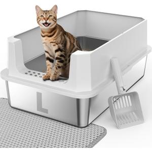 FURTIME Stainless Steel Litter Box with Lid, Large Metal Cat Litter Box for Big Cat, Large Cat Box High Sided with Non-Stick, Odor-Resistant, Anti-Urine Leakage, Easy Cleaning, Includes Scoop and Mat (Silver)