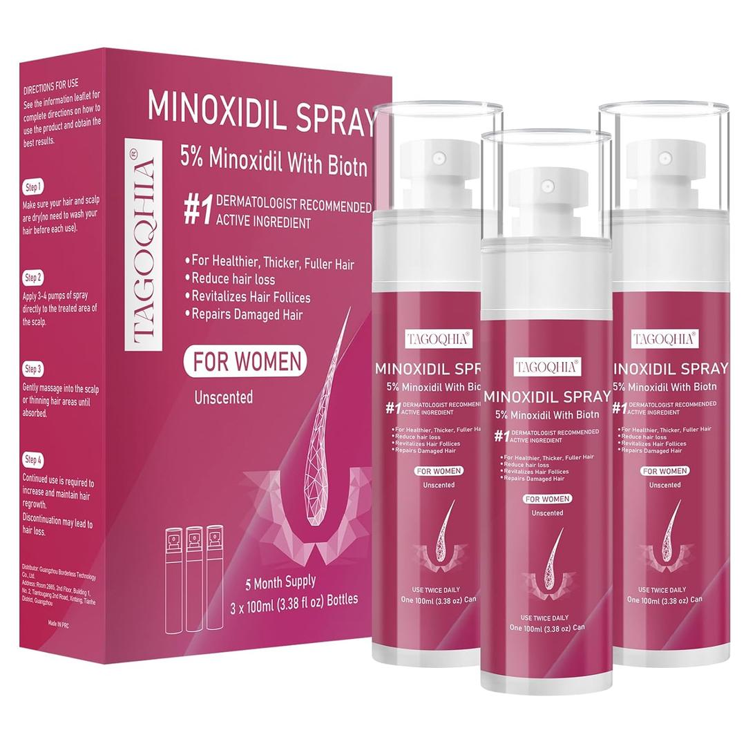 5% Minoxidil for Women Hair Regrowth Spray, hers hair regrowth treatment Infused with Biotin, Extra Strength Treatment to Combat Hair Loss and Thinning, 3 Bottles