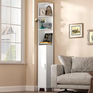 MOHOPE Corner Shelf with Cabinet, 74.8" Tall Corner Cabinet with Door, 5-Tier Narrow Bookshelf with Adjustable Shelves, Display Cabinet for Living Room, Bathroom, Dining Room, Small Space, White