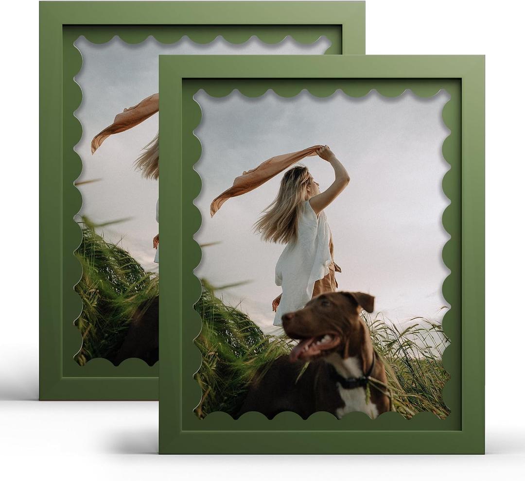 iRahmen 8x10 Picture Frame Set of 2, Green Scalloped Wooden Photo Frames with Wavy Mat, Tempered Glass, for Tabletop Display or Wall Mount, Decorative Home Decor