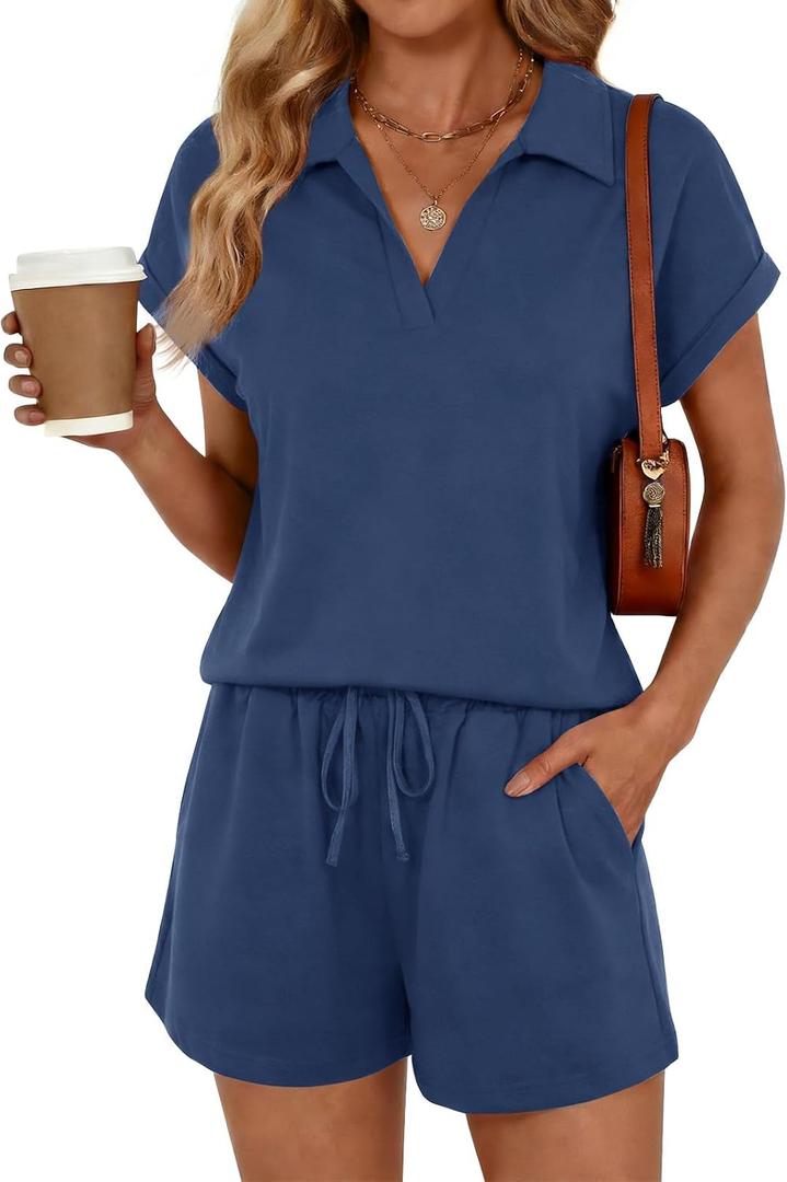 Yousify 2 Piece Sets for Women Cap Sleeve V Neck Lapel Tops and Drawstring Shorts Summer Casual Outfits Sleepwear 2026, 2XL