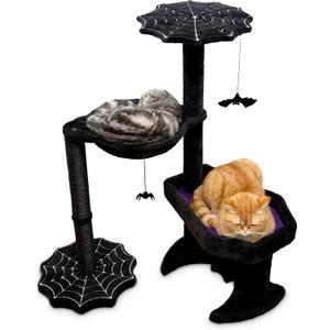 Gothic Cat Tree with Coffin Cat Bed, Hammock, Spider & Bat Goth Cat Toys - 35 Inch Tall Coffin Cat Tree with Luxurious Gothic Bed Experience Black and Purple