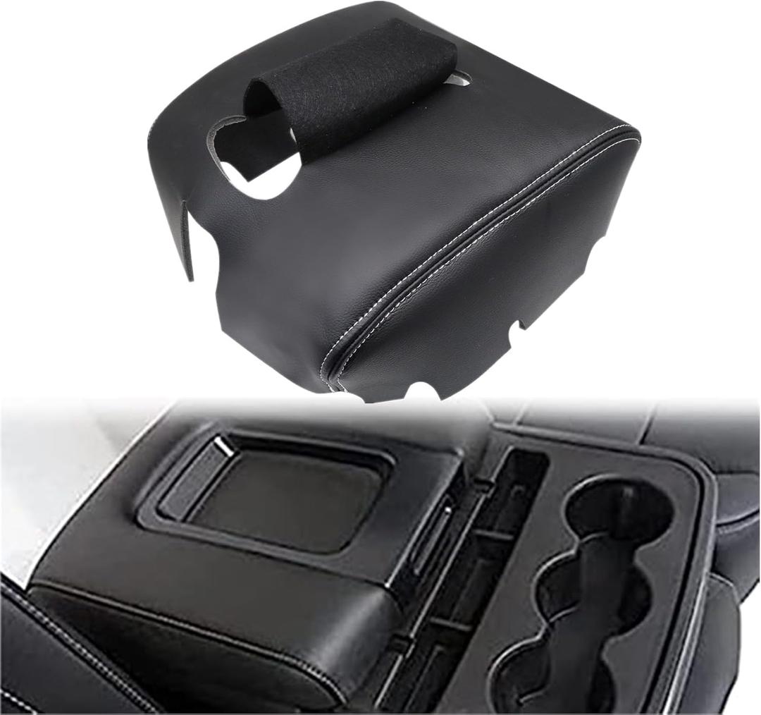 NLQR Leather Center Console Armrest Lid fit for Chevy Silverado GMC Sierra Suburban Tahoe GMC Sierra Yukon 2014-2018 fit for Cadillac Escalade 2015-2018 Jump Seat Black Leather with White Stitching