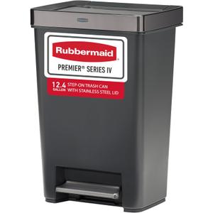Rubbermaid Premier Series IV Step-On Can for Home and Kitchen, 12.4 Gallon, Stainless Steel Lid Charcoal, for Home/Kitchen/Garage/Apartment/Office