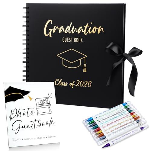 12 Pcs 2026 Graduation Guest Book with Photo Sign Decor 80 Pages Class of 2026 Scrapbook Photo Album with 10 DIY Dual Tip Metallic Markers Pens Gift, Exclude Camere(Graduation Cap,Black,12 Inches)