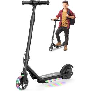 isinwheel Electric Scooter for Kids Ages 6-12, 150W Motor, 6/10 MPH Speeds, Colorful Lights, Adjustable Height, Kids Electric Scooter with Dual Brake & Thumb Throttle Great Gift for Boys & Girls (Black)