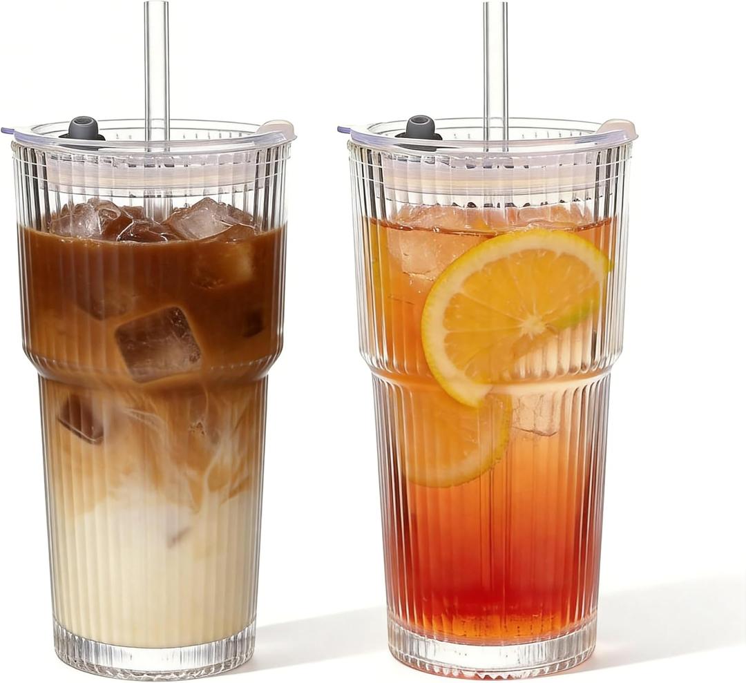 18oz Ribbed Glass Tumbler with Lids & Straws, Set of 2 -Vintage Ribbed Iced Coffee Cups, Reusable Smoothie & Cocktail Drinking Glasses - Perfect for Daily Use & Travel