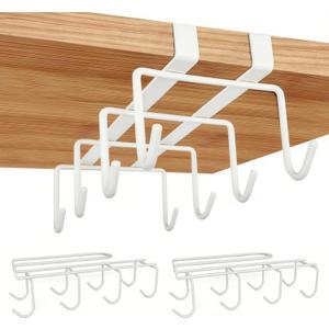 Mug Holder Under Cabinet,2pcs Coffee Mug Organizer for Kitchen,Fit for 0.8 Inch Thickness Shelf or Less,Nail Free Adhesive Coffee Cups Holder Hanger for Cups/Kitchen Utensils/Keys Storage (White)