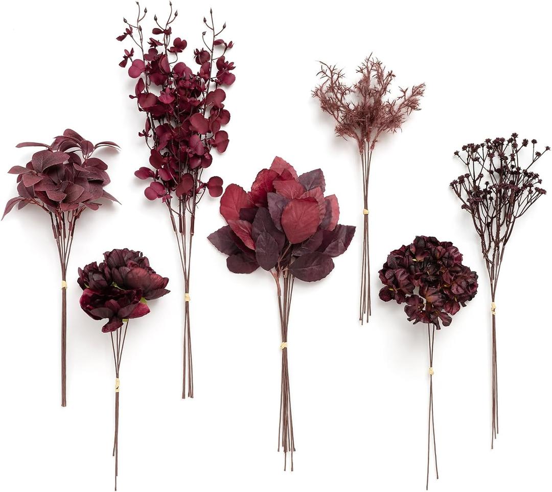 Ling's Moment Artificial Greenery Stems Box Set, 35pcs with 7 Kinds of Faux Flowers Picks for DIY Bridal Bouquets Wedding Floral Arrangement Table Centerpieces, Moody Burgundy