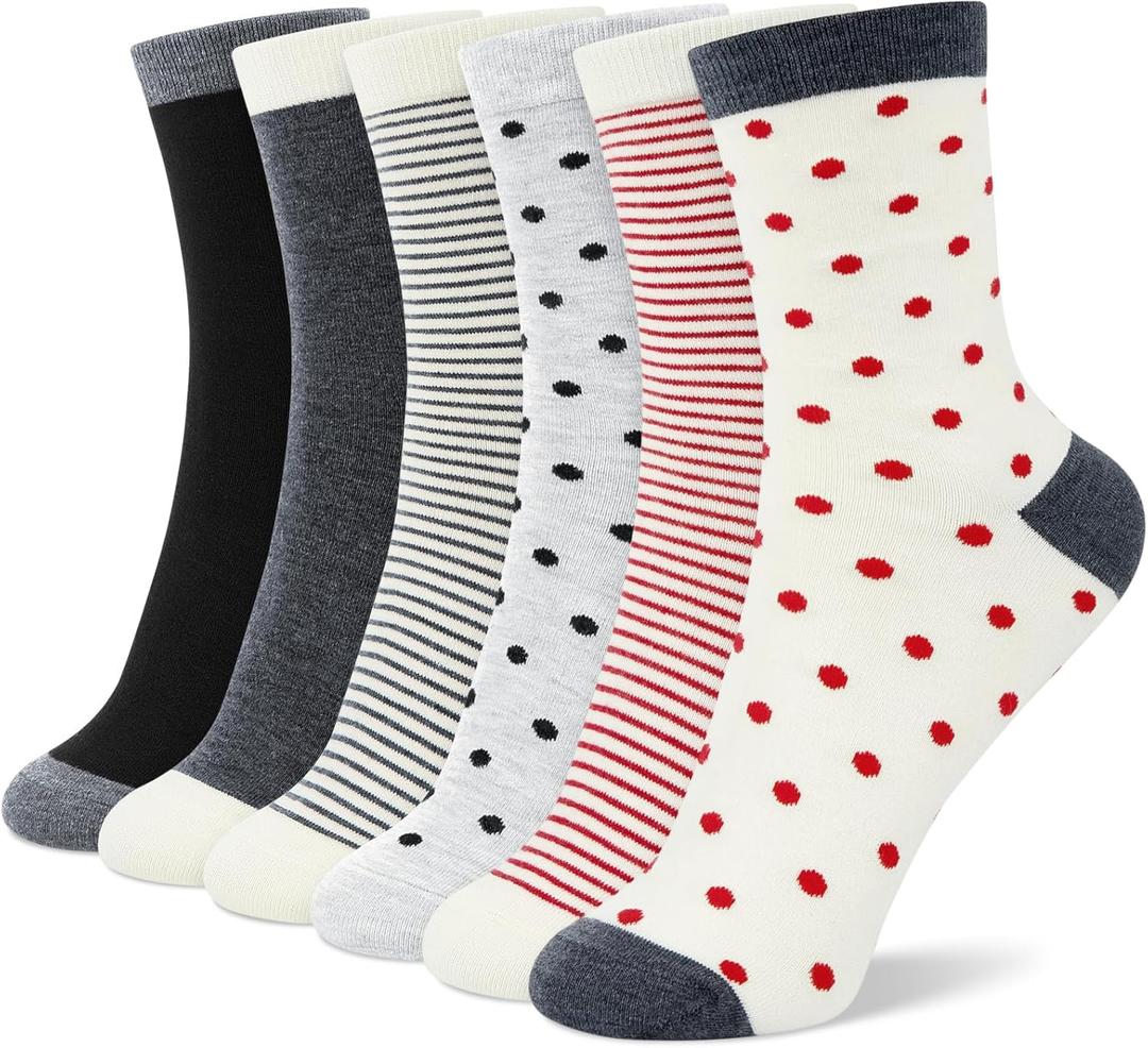 6 Pairs Cotton Crew Socks for Women, Breathable Novelty Funny Striped Dot Casual Cute Calf Socks Size 6-12 (Vintage Charm)