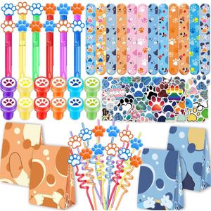 Dog Paw Party Favors Set - 120pcs Dog Paw Theme Party Supplies with Slap Bracelets, Bubble Wands, Stickers, Straws & Gift Bags for Birthday Rewards for Party Education