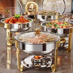 Bakpoco Chafing Dishes for Buffet Set of 4, 5QT [95% Pre-Assembled] Round Chafing Dish Buffet Set with Glass Lid & Lid Holder, Stainless Steel Chafers Food Warmers Trays for Parties Catering Wedding