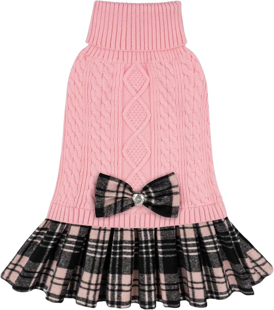 KYEESE Dog Sweater Soft Turtleneck Pet Sweater Dress Stretchy Cat Sweaters Thick Dogs Clothes with Bowtie Warm Pullover Pet Coats Comfy Knitwear Dog Sweaters for Small Dogs Girl, Pink, Large