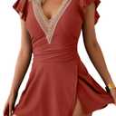 B2prity Women's One Piece Swim Dress Swimsuit Tummy Control Bathing Suit Skirt Ruffle V Neck Split Swimwear (Medium, Brick Red)