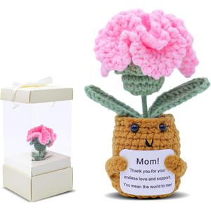 Mother's Day Decor Artificial Carnation Flowers Handmade Crochet Flower Bouquet Cute Knitted Flower Bouquet Kit Crochet Plant Potted Artificial Carnations Gift Box (Pink, 1pcs)