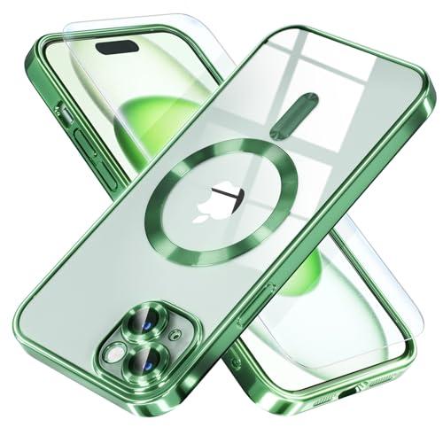 Misea Magnetic for iPhone 15 Plus Case Compatible with MagSafe [Never Yellowing] [Military Grade Drop Protection] Full Camera Lens Protector Plating Soft Clear Phone Case for Women, Green