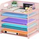 5 Tier Paper Organizer with Handle, Pink Metal Mesh Desk Organizer File Folder Paper Letter Tray Desktop Document Sorter for Classroom, School, Office Accessories Organization and Storage