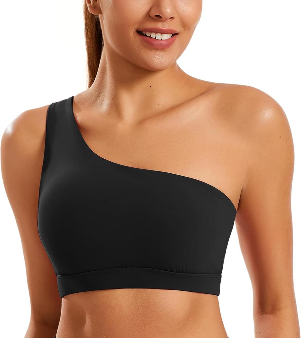 Smooth Sports Bras for Women One Shoulder Low Impact Asymmetrical Workout Tops Padded Yoga Bra (Large, Black)