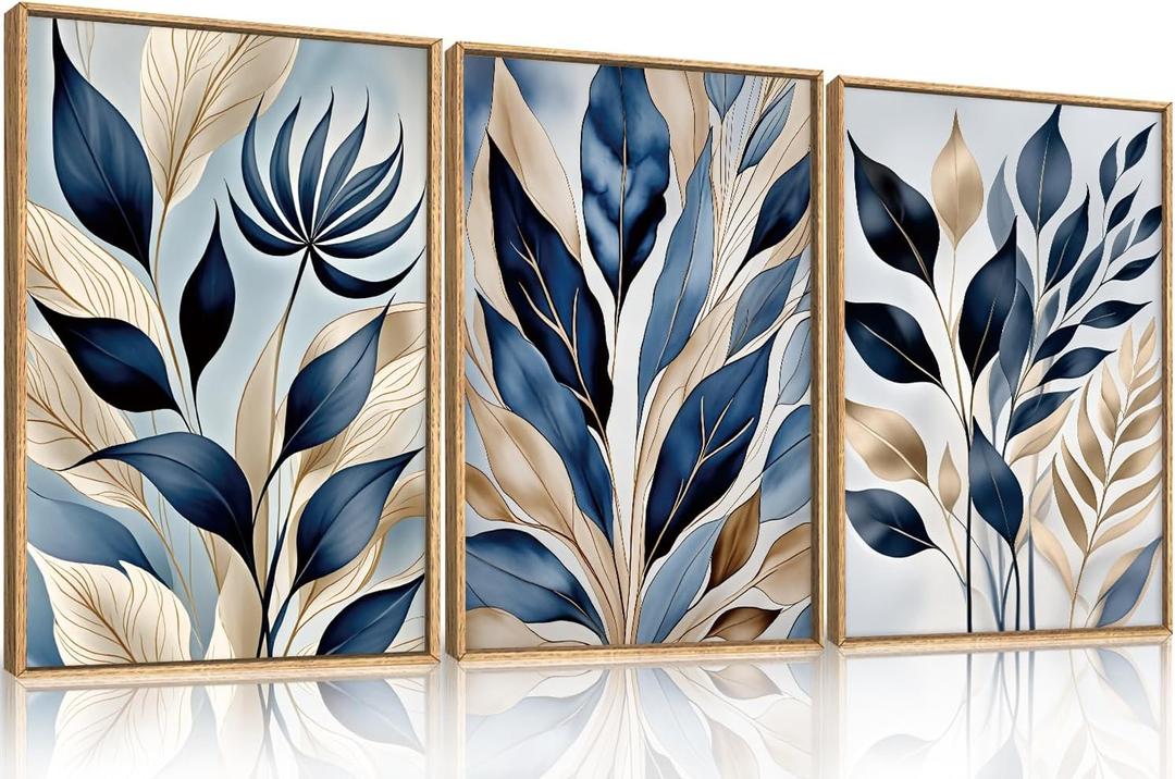 HPNIUB Blue Botanical Leaf Framed Wall Art Set,Modern Natural Blue and Gold Plant Wall Decor,Abstract Boho Minimalist Rustic Floral Leaves Artwork for Living Room, Bedroom,Office-24''x36''x3