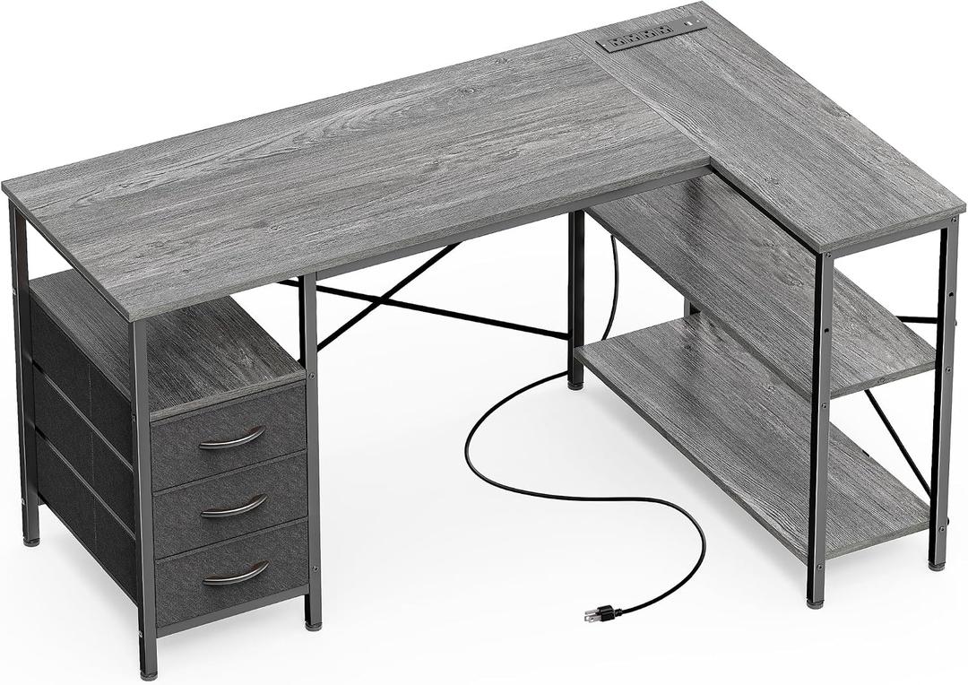 Huuger L Shaped Office Desk with Power Outlets, 47 Inch Computer Desk with 3 Drawers, Shelves, for Gaming, Corner Work, Home Office, Study, Grey