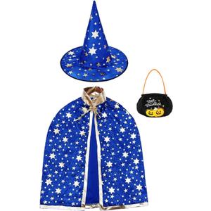 3pcs Wizard Costume Kids - Witch Cape Wizard Hat & Pumpkin Bag, Ages 3-10 Halloween Cape for Party Cosplay Outfit (Blue)
