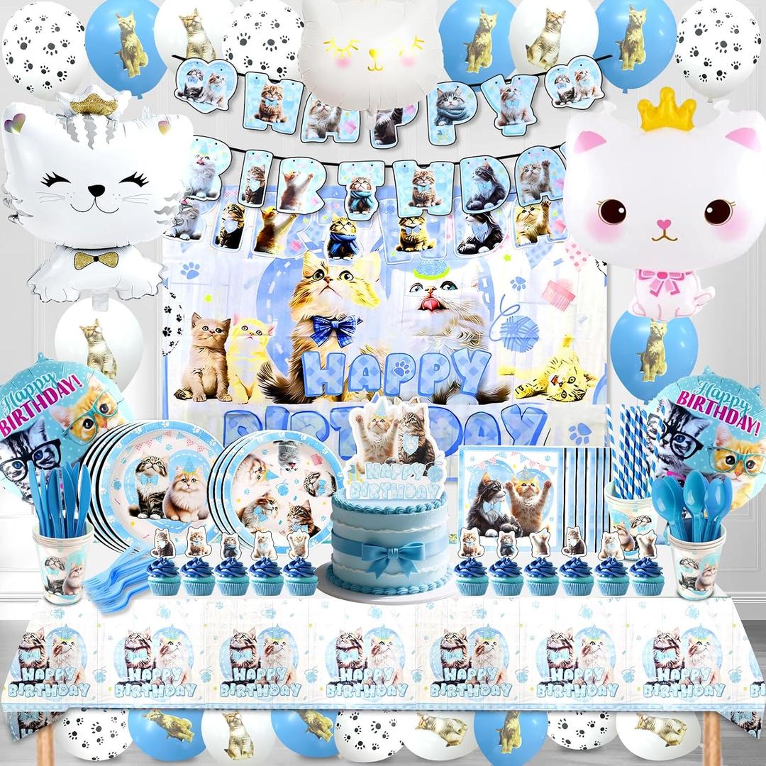 141Pcs Cat Birthday Decorations, Cat Birthday Party Supplies, Cat Birthday Party Decorations Include Plates Cups Napkins Tablecloth Balloons Cake Toppers for Kids Party