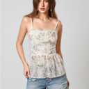 RoseSeek Women's Boho Floral Smocked Camisole Tops Ruffle Hem Spaghetti Strap Babydoll Peplum Top (White, M)