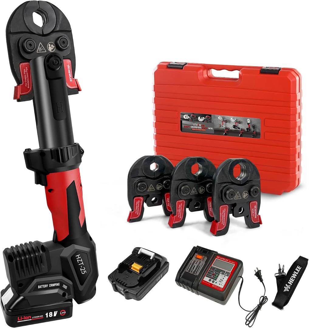 MINI Press Tool for Copper Pipe, Battery Powered Pro Press Copper Crimper tool 32KN for US Standard 1/2", 3/4", 1" Copper Tube and Stainless Steel Tube, 2.5Ah Battery Set(HZT-25M)