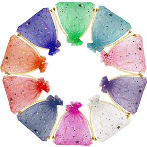 SUMAJU 100 Pieces Moon Star Organza Jewelry Candy Bags, 2.7x3.5 Inch Random Color Organza Favor Bags Easter Gift Pouch with Drawstring for Wedding Birthday Party favor