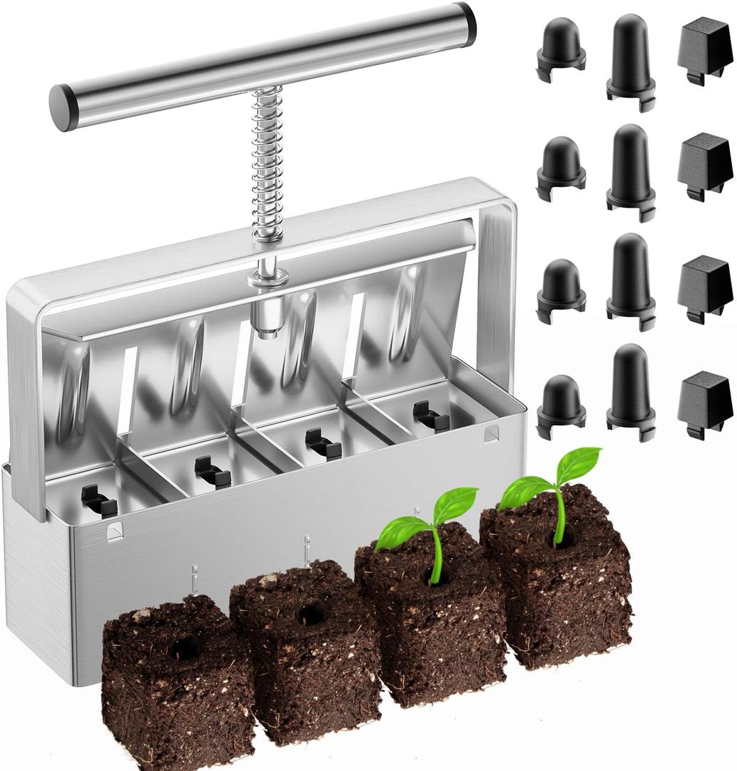 Nanovi Soil Blocker, 2 Inch Soil Block Maker with 3 Sizes Seed Pins & Comfortable Handle 4 Cell Handlheld Soil Blocking Tool for Seed Starting, Grow Seedling, Outdoor Plants, Greenhouses, Garden
