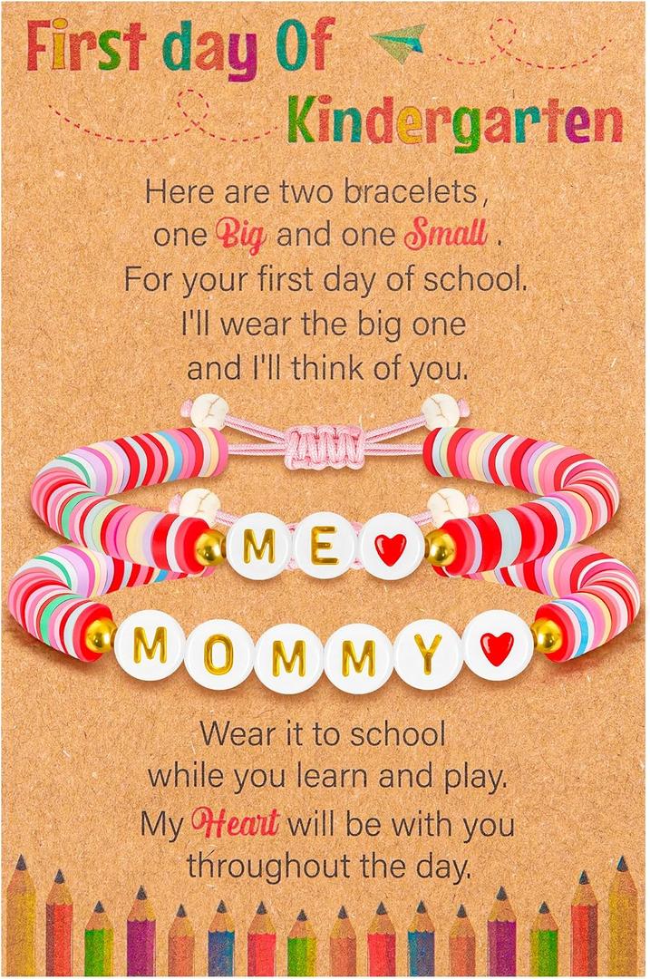4 x Back to School Supplies, First Day of Kindergarten Bracelet, Back to School Bracelet Mommy and Me, Prek Matching Wish Bracelets Set, Adjustable Bracelet for Boys Girls Gifts Stuff Bulk
