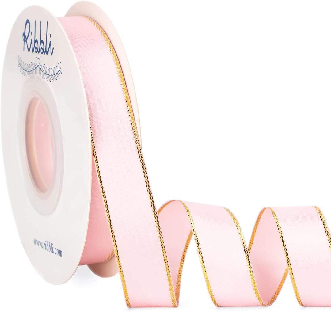 Ribbli Light Pink Satin Ribbon with Gold Edge,Double Faced Satin 5/8 Inch x Continuous 25 Yards,Baby Pink Ribbon Use for Crafts, Gift Wrapping, Wedding Card Decoration