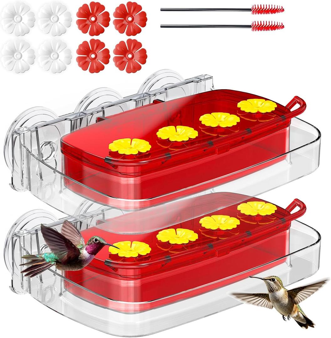2 Pack Window Hummingbird Feeder with Strong Suction Cup, Plastic Hummingbird Feeders for Outdoors, Built-in Moat,Easy to Clean and Refil (10oz) (2, Red)