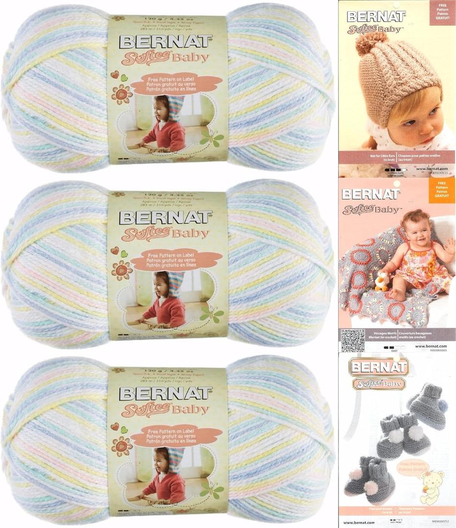Bernat Softee Baby Yarn 3 Pack Bundle Includes 3 Patterns DK Light Worsted #3