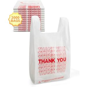 2000 Count Small Economy 'Thank You' White T-Shirt Bags, 8"x4"x15.5" (1/10 Size), 13 Mic, Retail, Boutique, Grocery, Bulk Shopping