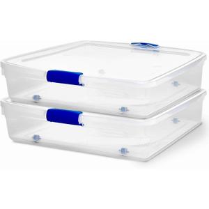 HOMZ 2-Pack Under Bed Storage, Clear Plastic Containers with Lids, 56 Quart, Blue Latch - Stackable Underbed Organizer Bins for Shoes, Bags, Clothes, and Towels