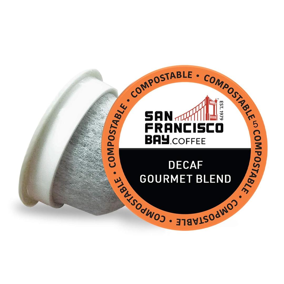 San Francisco Bay Coffee - Decaf Medium-Dark Roast - Decaf Gourmet Blend (80 ct) - Single Serve Coffee Pods, Swiss Water Processed, Commercially Compostable, K Cup Compatible, Best By Sep 25, 2026