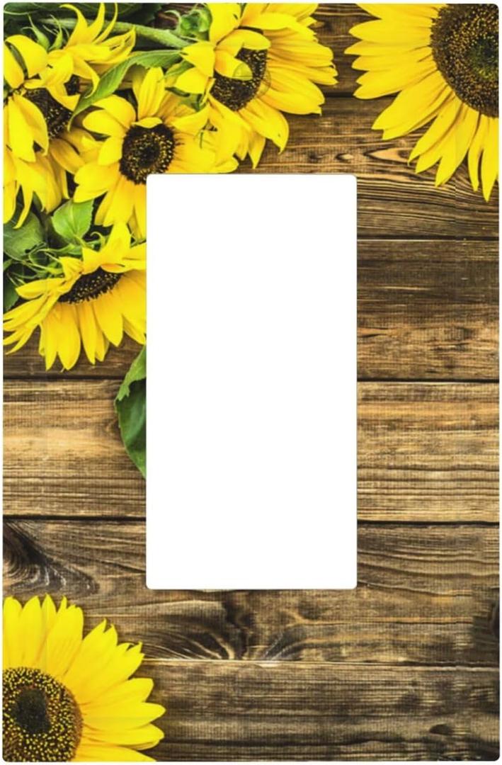 Kitchen Spring Rustic Yellow Golden Flower Gold Sunflower on Wood Wooden Decorative 1 Gang Single Decorator GFCI/Rocker Wall Plate Electrical Receptacle Outlet Light Switch Cover for Dimmer, USB