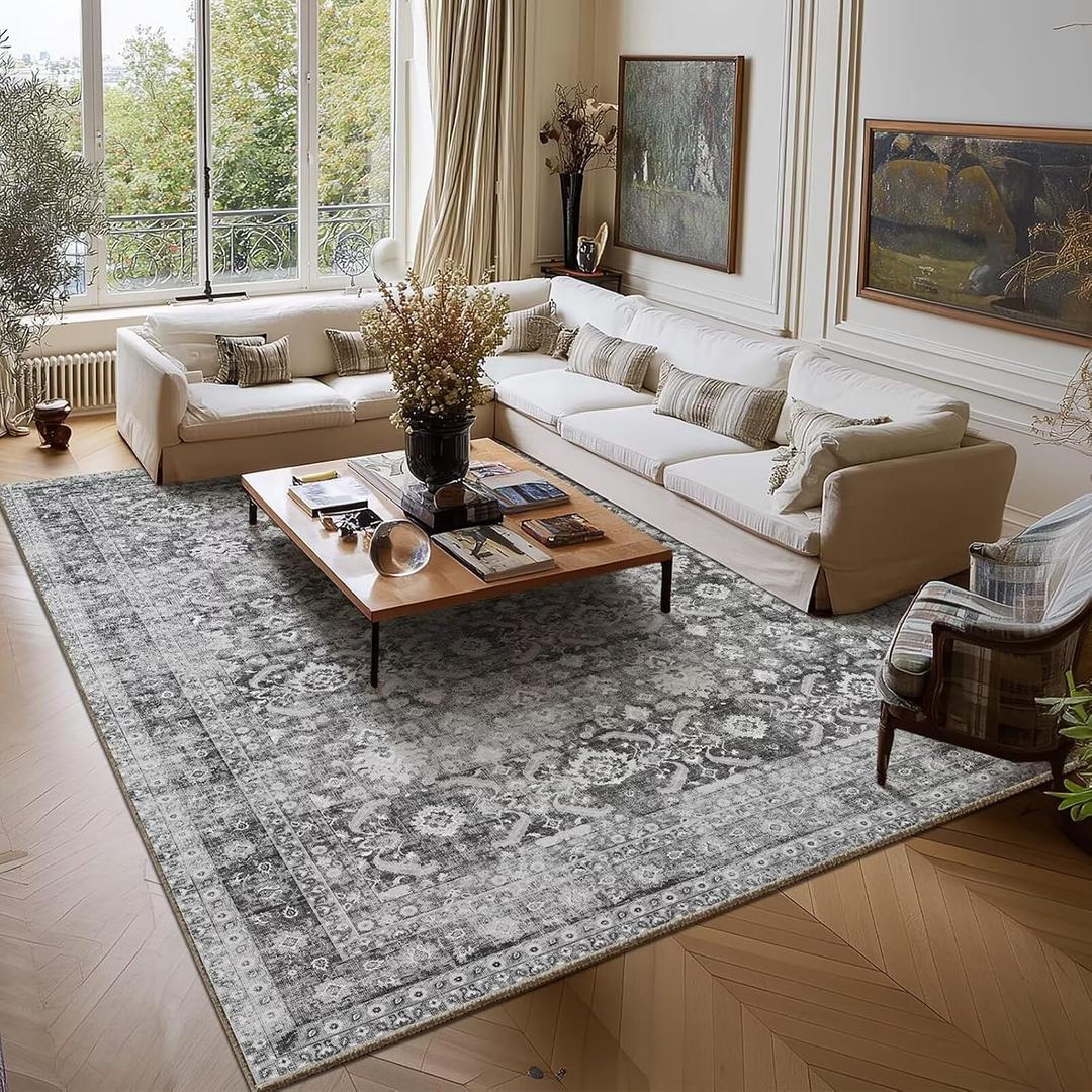 Washable 9x12 Area Rugs for Living Room, Boho Non-Slip Vintage Distress Lager Rugs for Bedroom Dining Room Nursery Office, 0.3" Neutral Oriental Throw Thin Carpet, Grey/Multi, C5