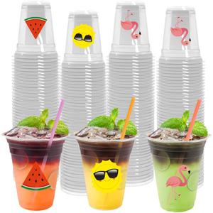 288 Pcs Summer Party Cups with Lids and Straws 12 oz Disposable Plastic Tropical Hawaiian Luau Clear Drinking Cups Watermelon Flamingo Sun Disposable Cups for Summer Beach Pool Party Supplies