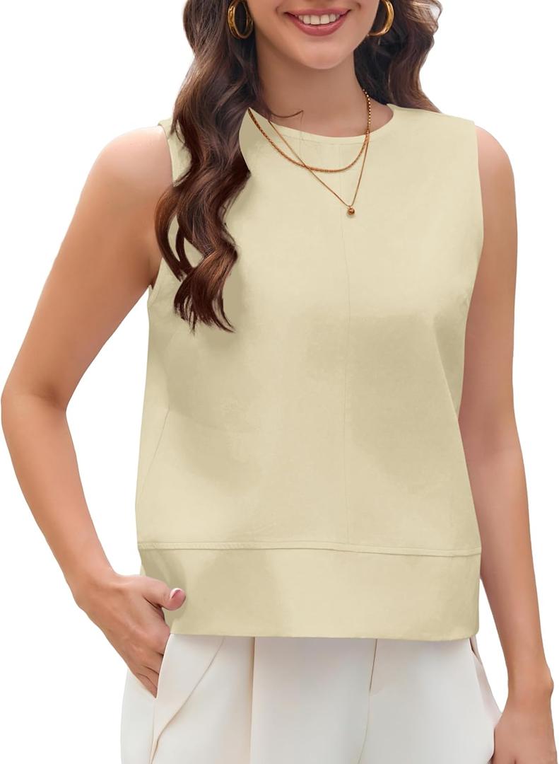 MAKABO Women's Linen Tank Tops Crew Neck Vest Top Office Work Sleeveless Blouses (Medium, Beige)