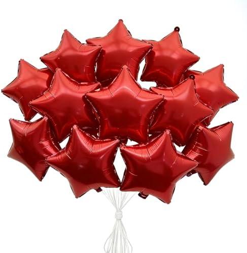 Red Star Foil Balloons 16 Inch | 12 Pack Mylar Balloons for Birthday Party, Wedding, Baby Shower, Anniversary Decorations - Reusable Metallic Red Balloons with Straw for Air & Helium Inflation