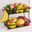 Zurklulu Large 2 Tier Fruit Basket for Kitchen Counter with 2 Banana Hangers, Metal Fruit Bowl with Protection Mats for Vegetable Bread Snack, Black