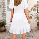 Zattcas Women 2026 Sping Summer Dress V Neck Smocked Waist Casual Flowy A Line Tiered Work Knee Length Dresses (White, L)