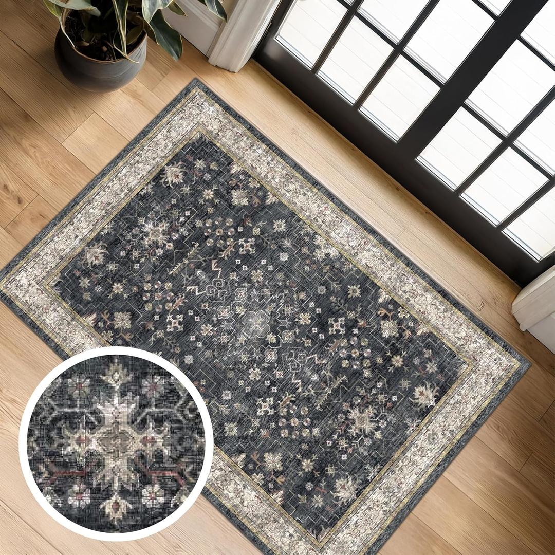 Black Washable 2x3 Entry Rug, Small Rugs for Entryway Kitchen Bathroom Door Mat Indoor Entrance, Non Slip Rubber Backing, Stain & Fade Resistant, Ashen Charcoal Floral Farmhouse Decor