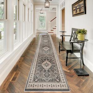 2'6x12 Hallway Washable Runner Rug - Vintage Kitchen Rugs with Non Slip Backing Stain Resistant Carpets for Living Room Bedroom Soft Distressed Floor Home Decor Mat for Bathroom (2'6''x12', Black)